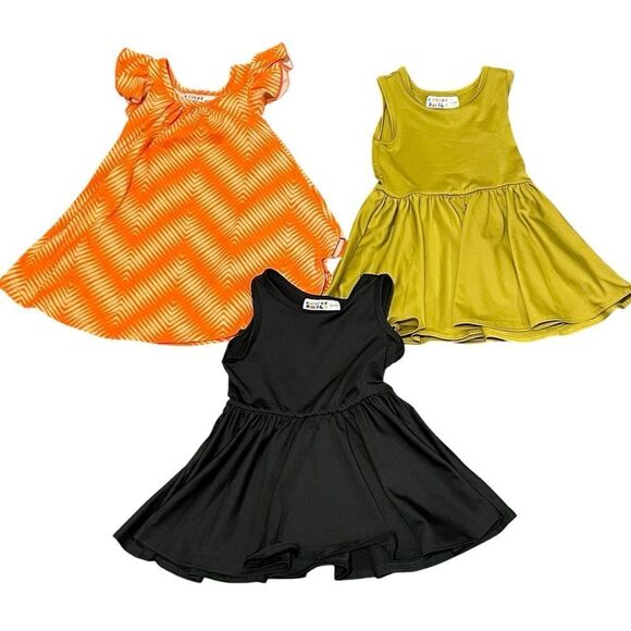 Dot Dot Smile 1 A-line Orange Dress and 2 Twirl Dresses Olive and Black 6-12 Mo